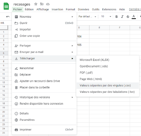 Export du tableur au format CSV