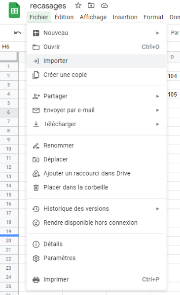 Menu d’import d’un fichier CSV dans le tableur